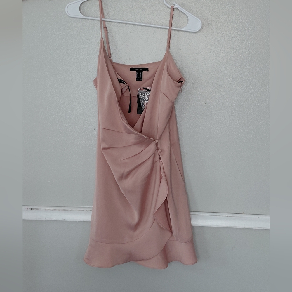 Forever 21 Satin Blush Pink Wrap Front Ruffle Hem Cocktail Hour Sleeveless Dress